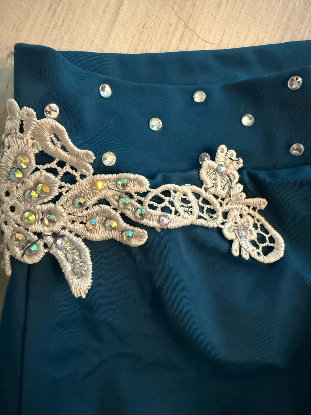 Teal Two-Piece Dance Costume Set with Lace & Rhinestones